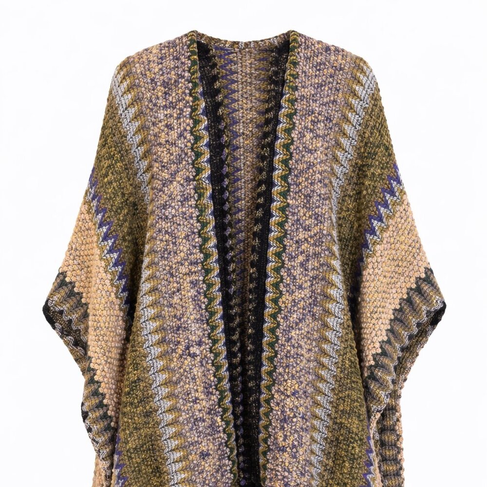 Boho Zigzag Knit Poncho with Tassels - One Size